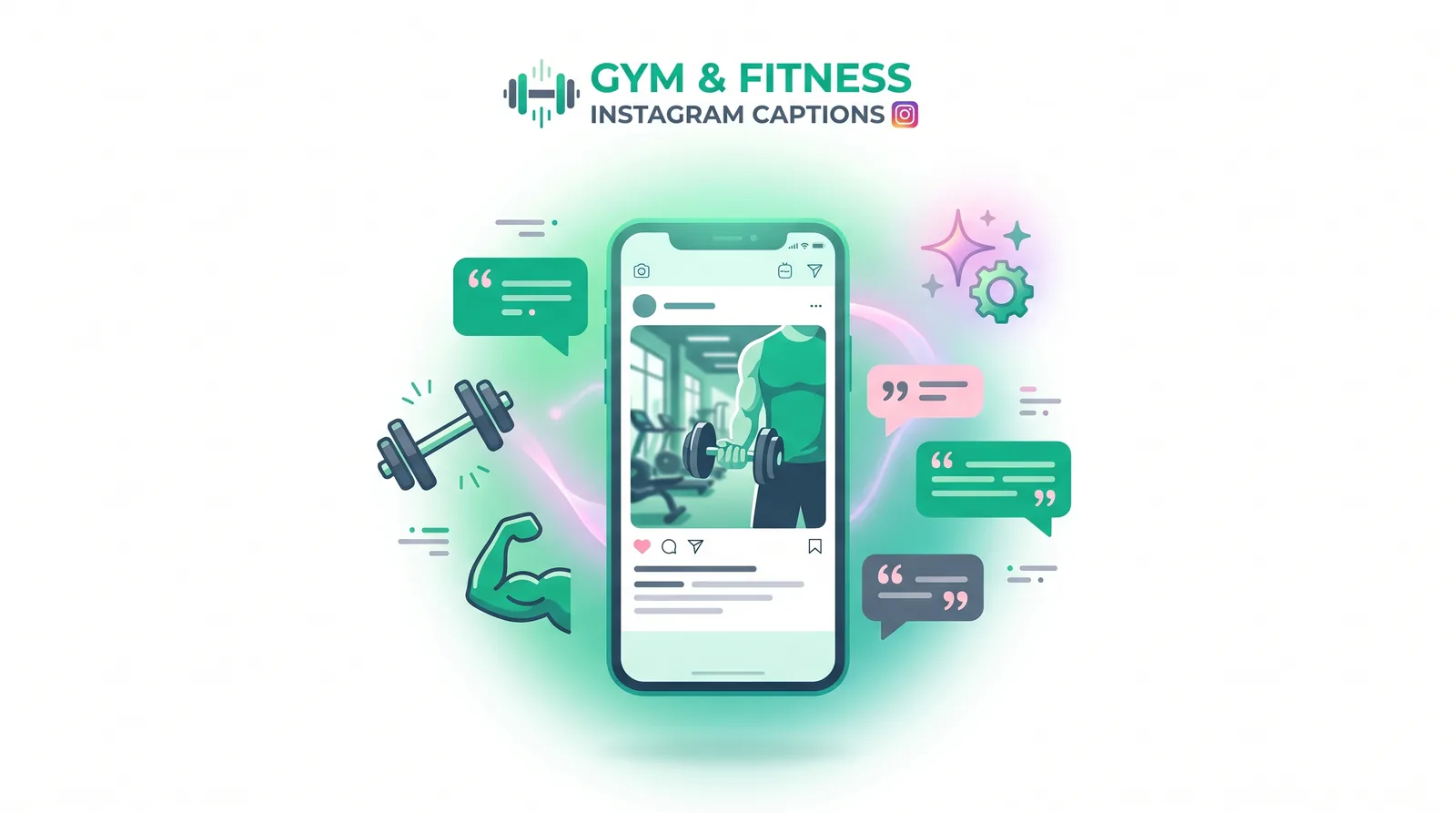 Phone showing an Instagram gym post with fitness motivation captions ready to copy and paste