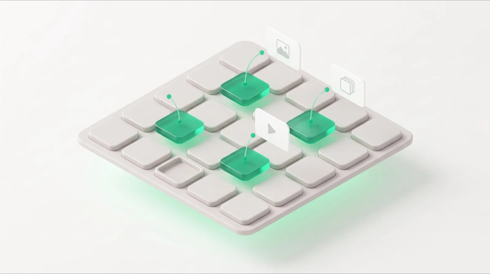 A social media planner shown as an isometric grid of a month of content slots, with several filled slots linked to image, short video and carousel format cards