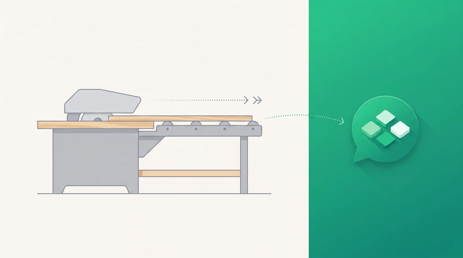 Diagram explaining what outfeed means: a board enters a machine at the infeed side and exits onto an outfeed table