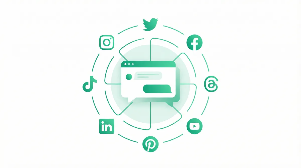Outfeed AI chat interface writing one social media post and previewing it for nine platforms